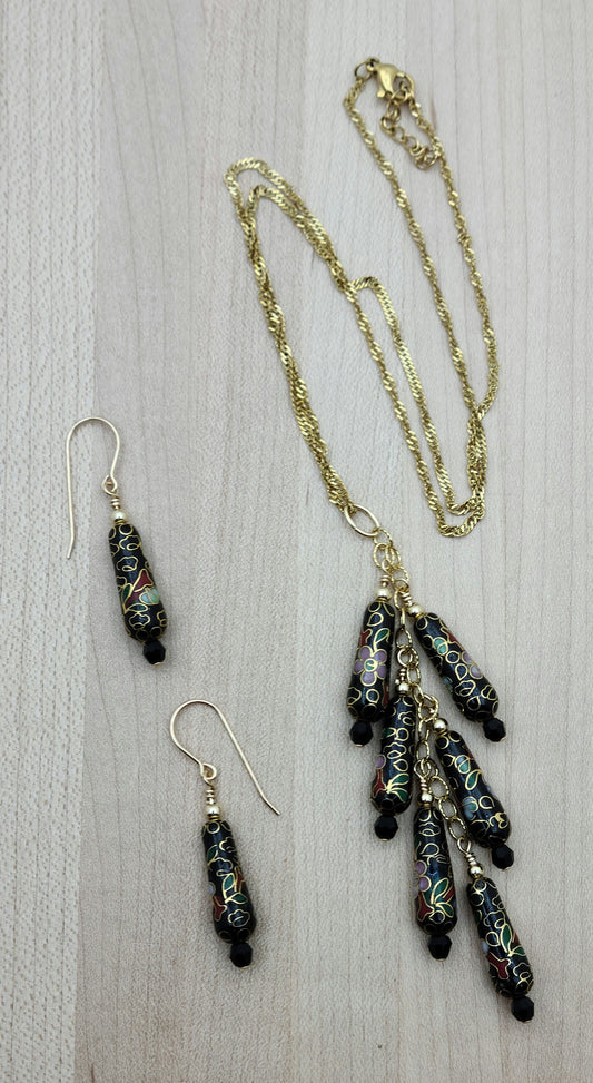 Delicate pink flowers, light green leaves, &amp; gold vines adorn these vintage cloisonne teardrop beads to which I added tiny crystals* They are perfect for a cascading "Y" necklace!