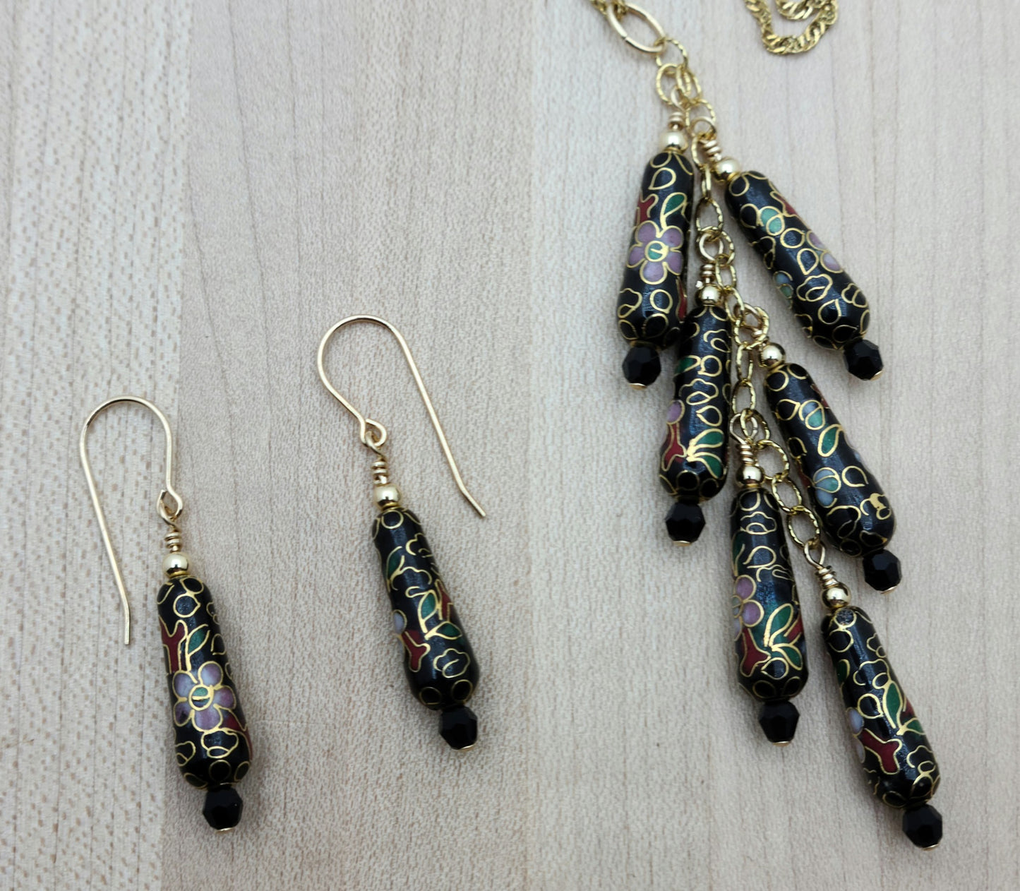 Click on photo to magnify.
Delicate pink flowers, light green leaves, &amp; gold vines adorn these vintage cloisonne teardrop beads to which I added tiny crystals* They are perfect for a cascading "Y" necklace!