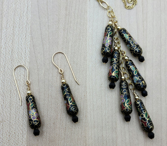 Click on photo to magnify.
Delicate pink flowers, light green leaves, &amp; gold vines adorn these vintage cloisonne teardrop beads to which I added tiny crystals* They are perfect for a cascading "Y" necklace!