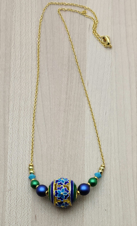 You'll smile every time you wear these vividly colored cloisonne beads of turquoise, blue, green, & gold! I've added equally bright & complimentary colors of crystal pearls and crystals for a lovely set.
