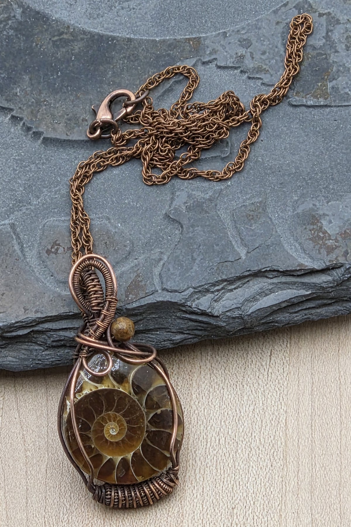 Woven Wire Ammonite Fossil Pendant
