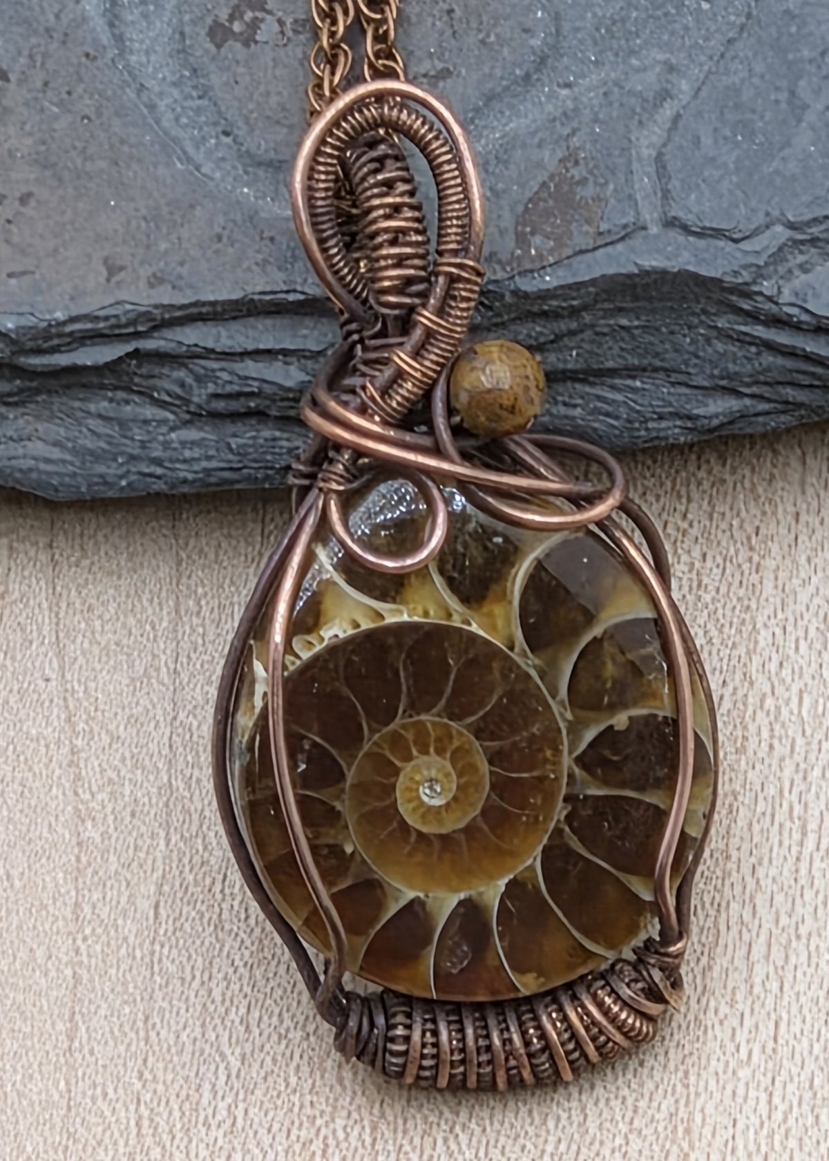 Woven Wire Ammonite Fossil Pendant