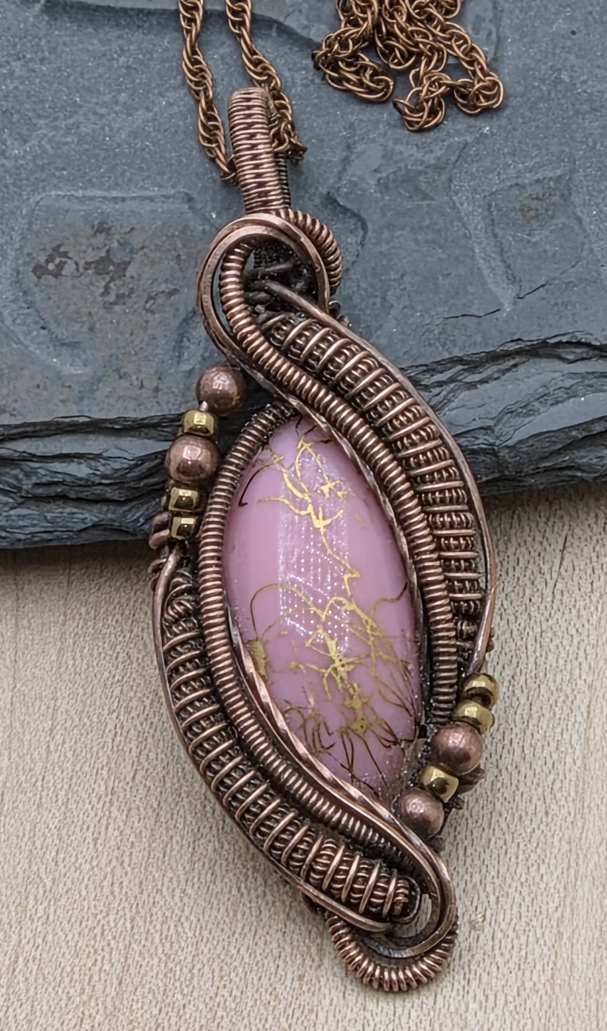 Woven Wire Pink & Gold Vintage Glass  Pendant