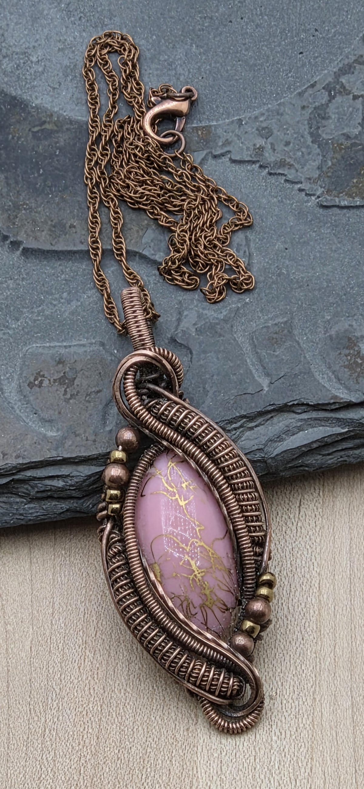 Woven Wire Pink & Gold Vintage Glass  Pendant