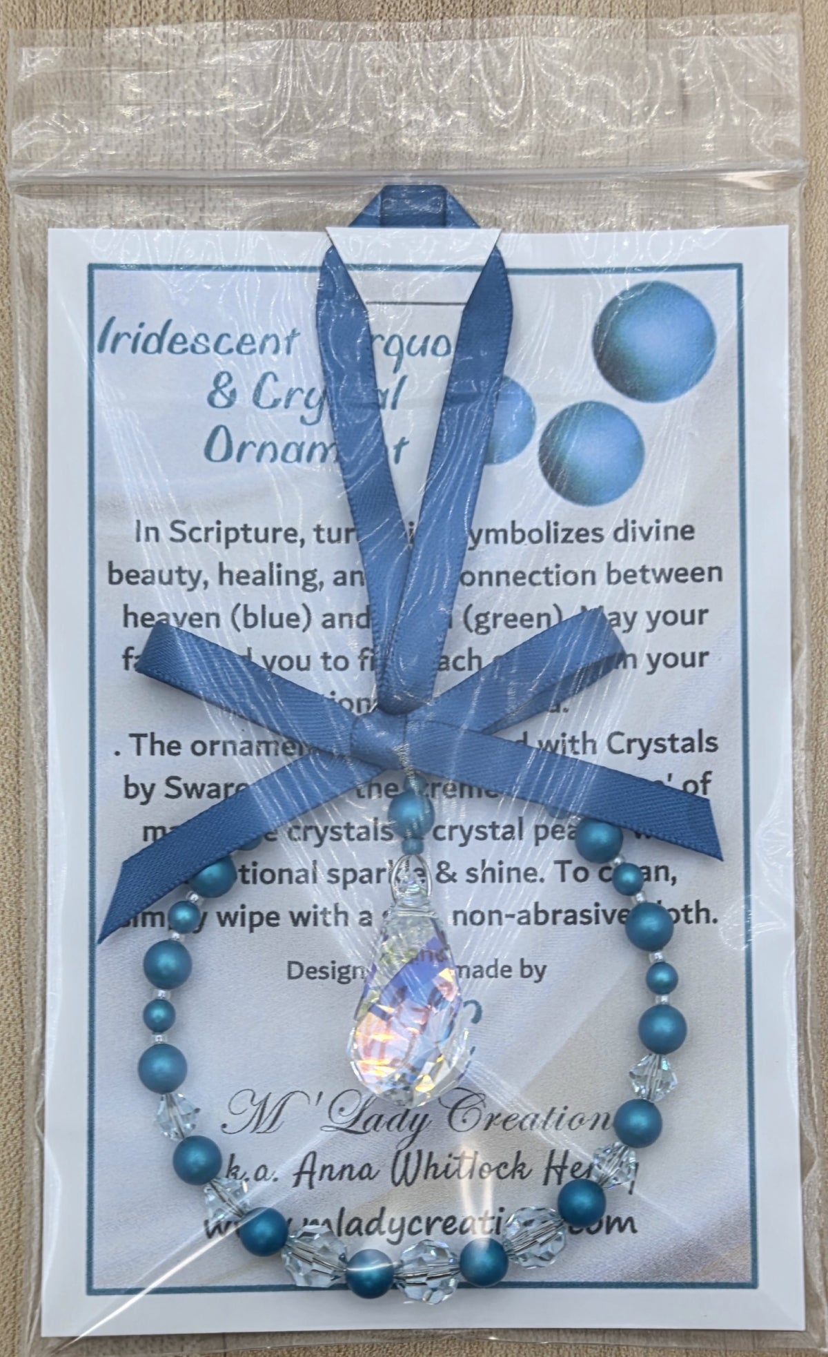 Ornament - Iridescent Turquoise & Crystal Wreath in packaging