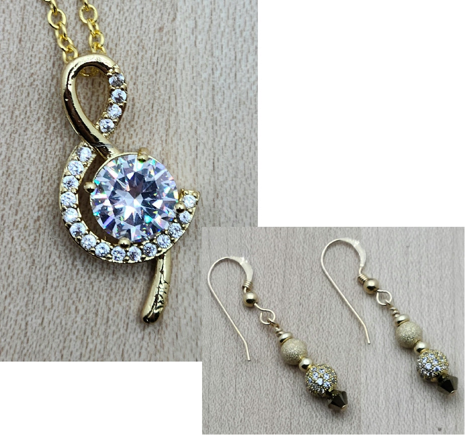 Gold & CZ Treble Clef Necklace & Shamballa Earrings