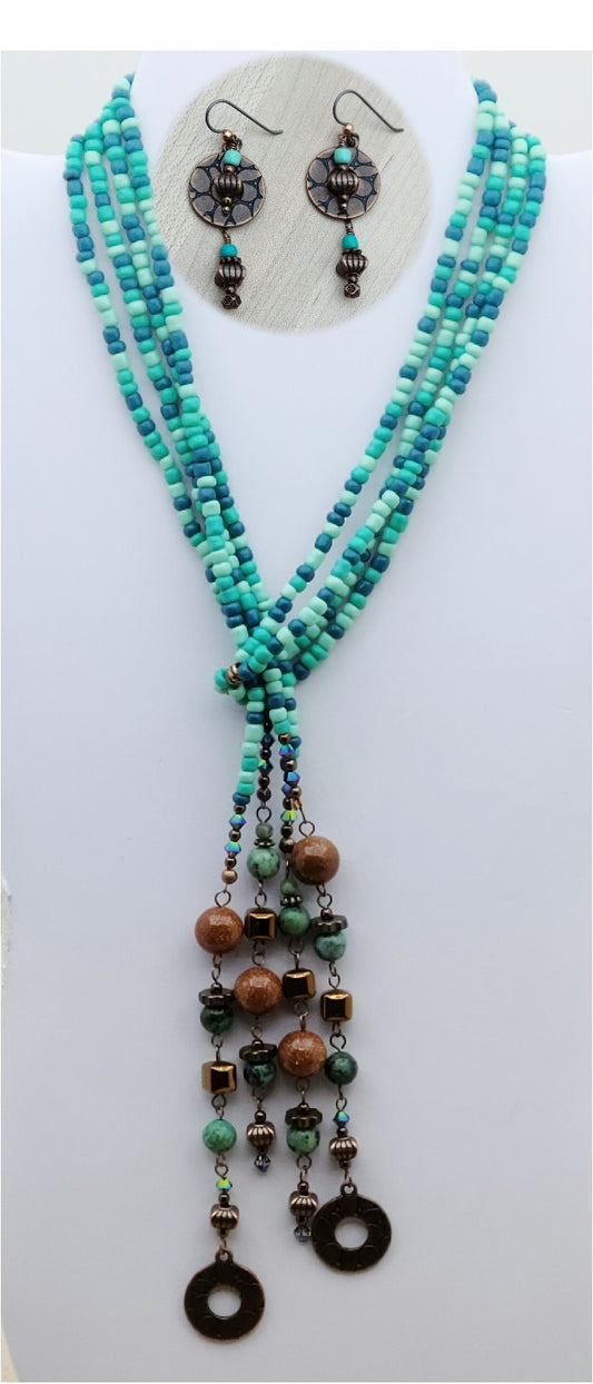 Copper & Turquoise Lariat Necklace & Earrings