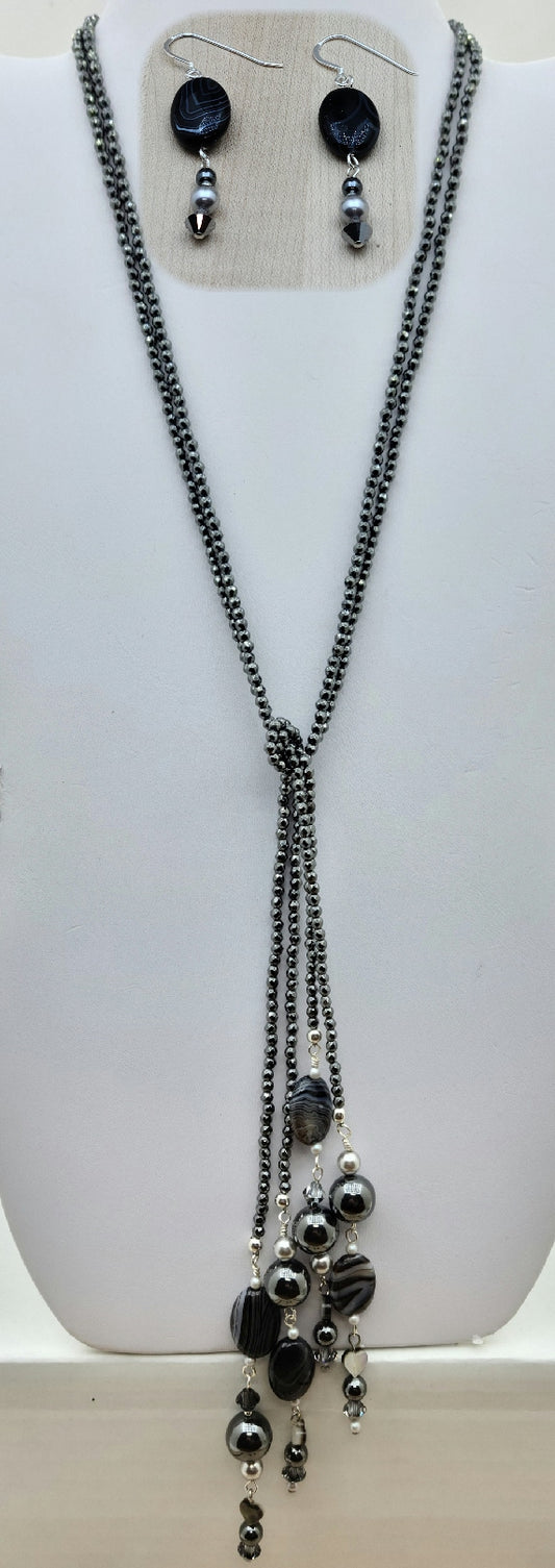 Hematite Double Strand Lariat Necklace & Sardonyx Earrings