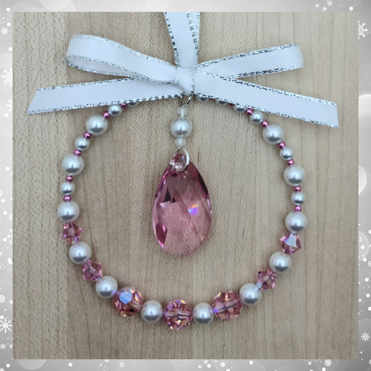 Rose Pink Crystal & Moonlight white Crystal Pearl Wreath Ornament