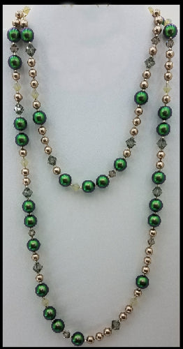 Scarabeous Green & Bronze Crystal Pearl Necklace & Earrings