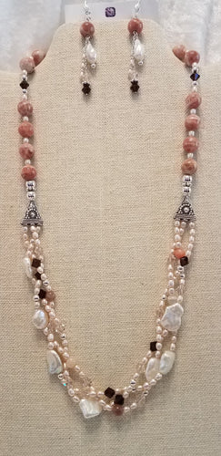 Peach-Hued-Plaited-Freshwater-Pearls-Crystals-Necklace-Earrings