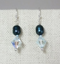 Sterling Silver Fish Hook Raven Teal Freshwater Pearls & Crystals  Earrings