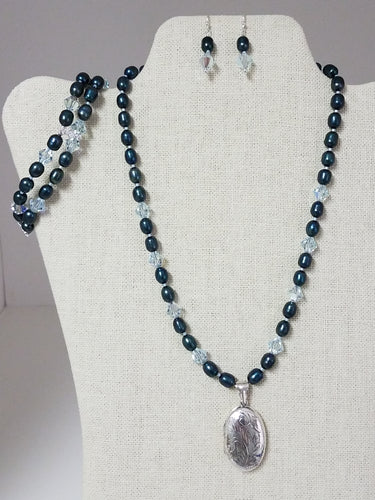 Sterling Silver Locket w/Raven Teal Freshwater Pearls & Crystals Necklace, Earrings, & Bracelet