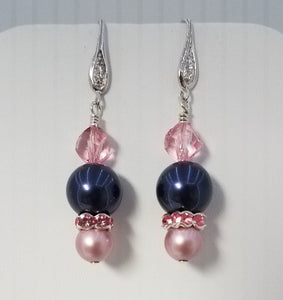 crystal pearls crystals rondelles night blue rose CZ fish hook earrings