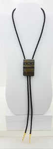 Bolo Tie - Etched Luminescent Silver/Black/Gold w/Geometric Lines Fused Glass