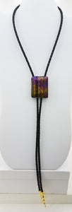 Bolo Tie - Colorful Etched Luminescent with Geometric Lines Fused Glass