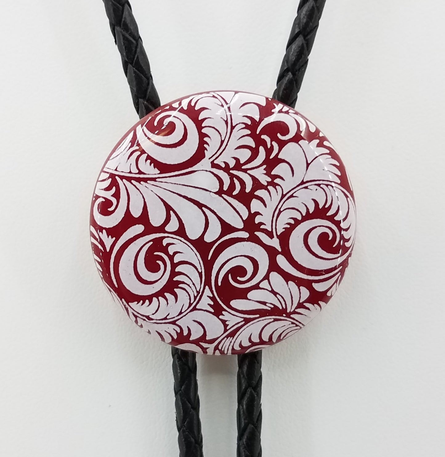 Bolo Tie - Red Disk w/White Flourish Fused Glass
