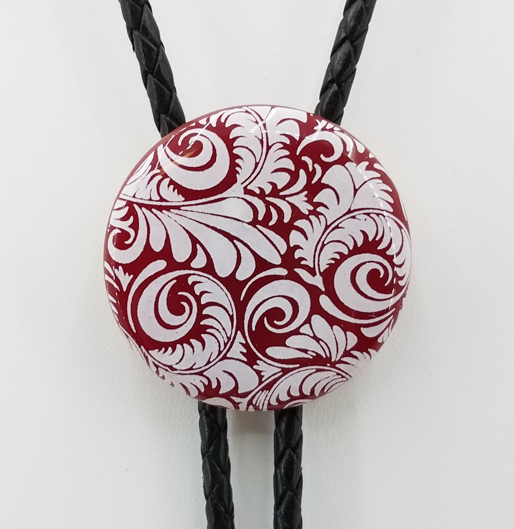 Bolo Tie - Red Disk w/White Flourish Fused Glass
