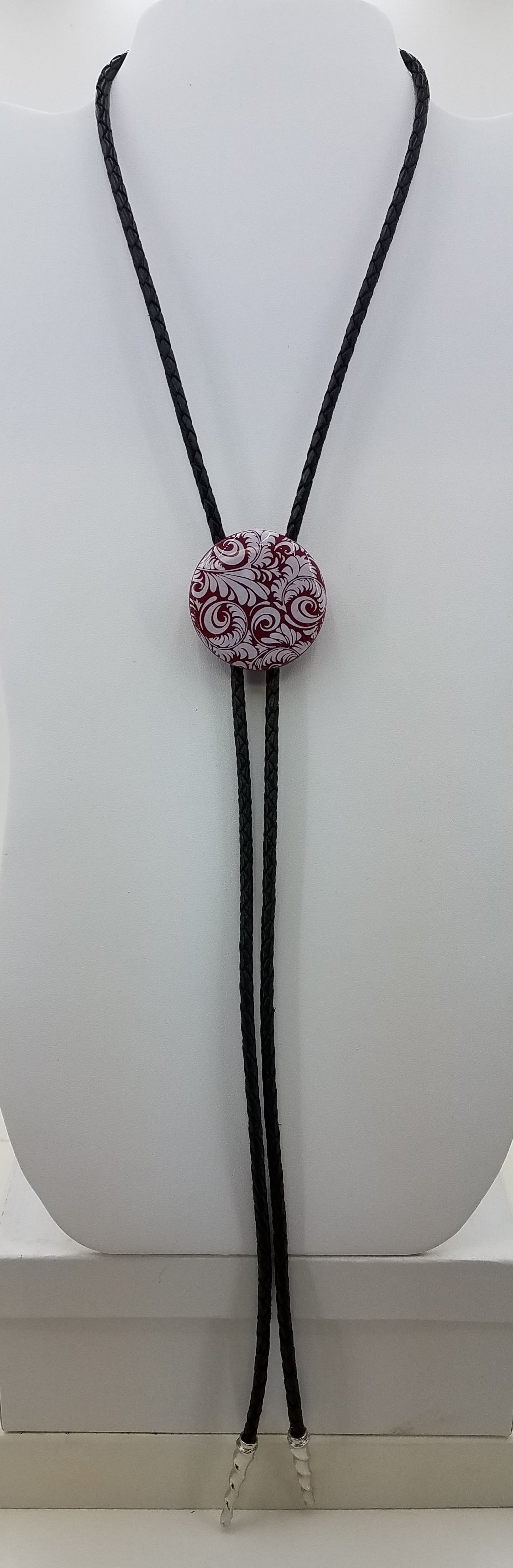 Bolo Tie - Red Disk w/White Flourish Fused Glass