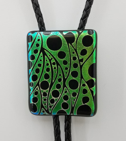 Bolo Tie - Green & Black Dichroic w/Geometric Leaves Fused Glass