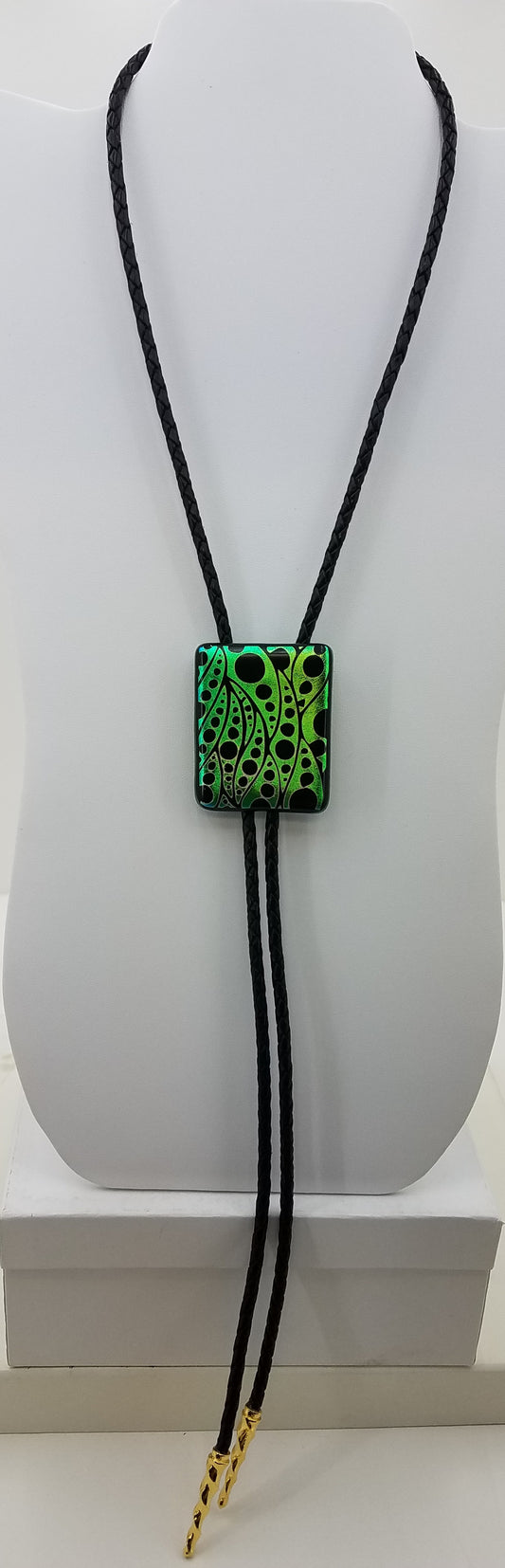 Bolo Tie - Green & Black Dichroic w/Geometric Leaves Fused Glass