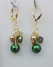 Scarabeous Green & Bronze Crystal Pearls and Crystals Gold-filled Lever Back Earrings