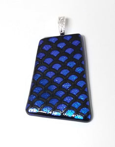 Geometric Fans of Blue on Black Dichroic Fused Glass Pendant