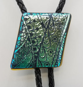 Bolo Tie -Green/Gold w/Etched Tribal Design Dichroic Fused Glass