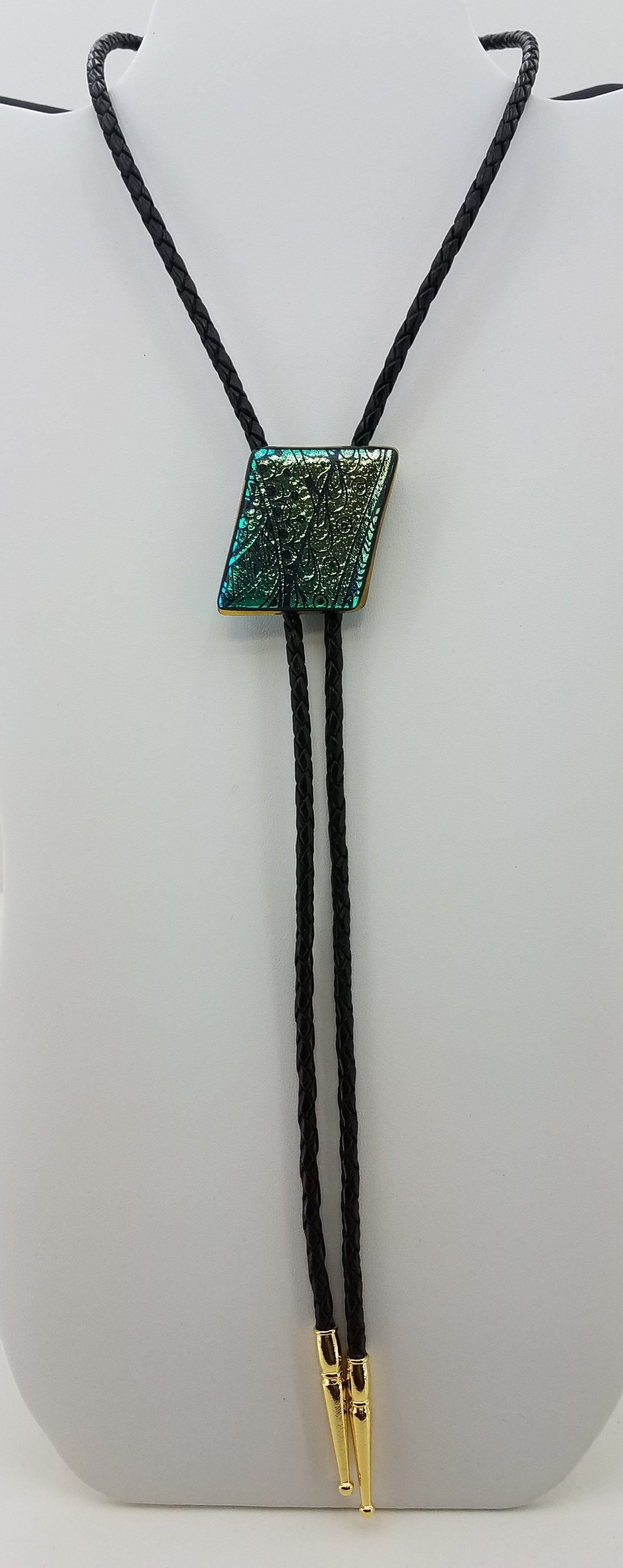Bolo Tie -Green/Gold w/Etched Tribal Design Dichroic Fused Glass