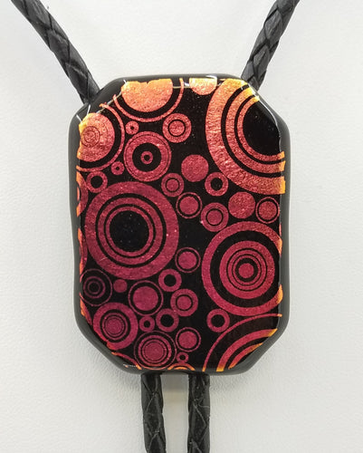 Bolo Tie -Red/Gold Bubbles Dichroic Fused Glass