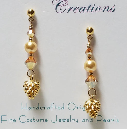 24k gold plated pine cone and crystal & crystal pearl long earrings