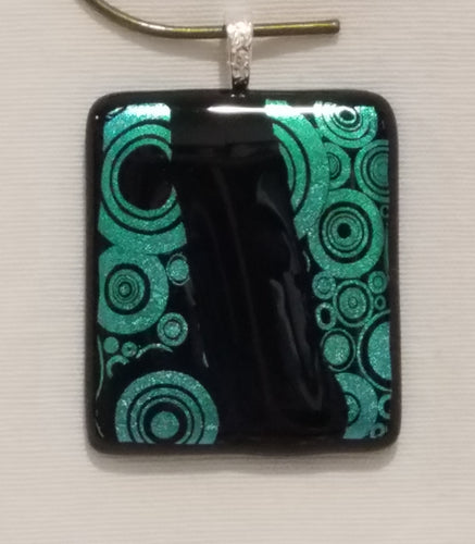 Green & Black Concentric Circles w/Black Slash Dichroic Fused Glass Pendant