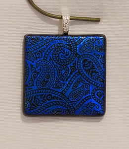 Royal Blue Paisley Etched Dichroic Fused Glass Pendant