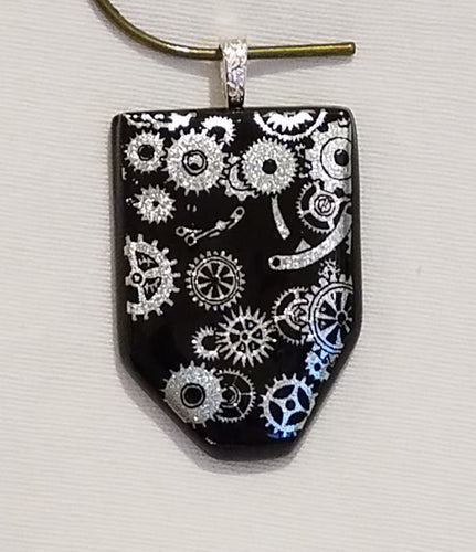 Silver Sparkles of Clock Gears on Black Dichroic Fused Glass Pendant