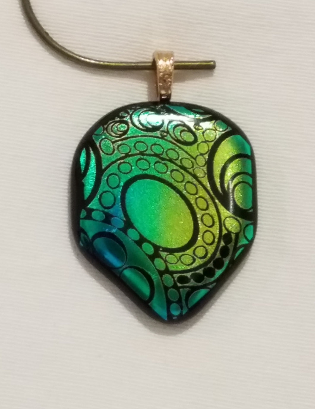 Green/Teal/Gold Ovals Etched Dichroic Fused Glass Pendant