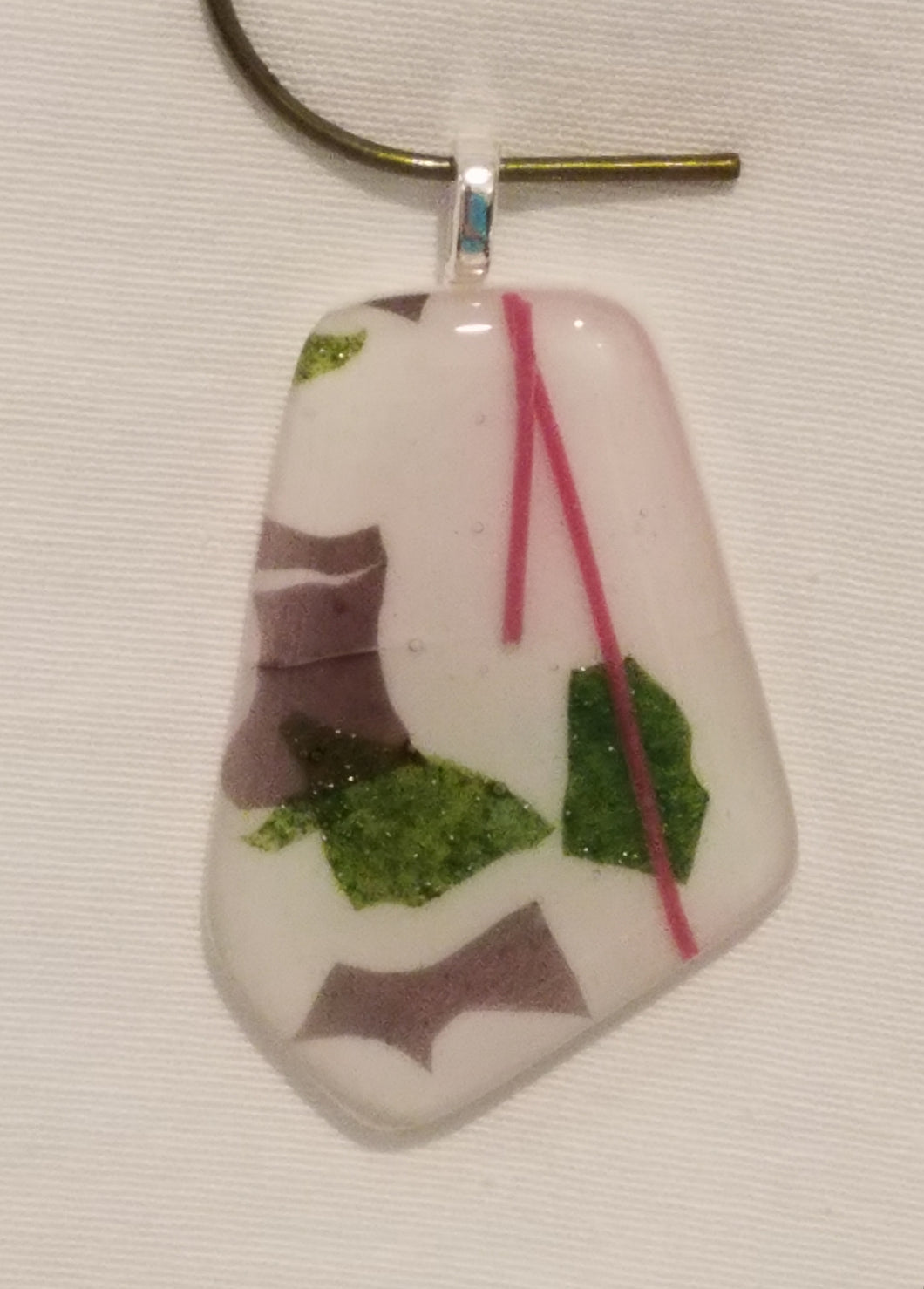 Green, Mauve, & Pink on White Fused Glass Pendant