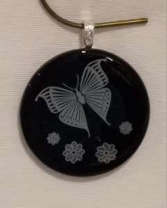 White Butterfly on Black Round Fused Glass Pendant