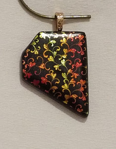 Vining Hearts Pentagon Etched Dichroic Fused Glass Pendant yellow to green to red to gold!