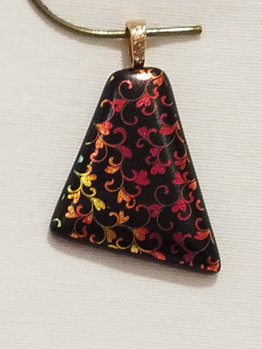 Vining Hearts Tetragon Etched Dichroic Fused Glass Pendant yellow to green to red to gold