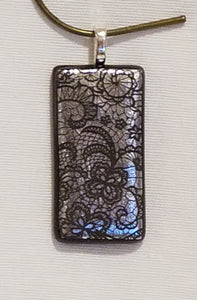 Rectangular Victorian Lavender Lace Etched Dichroic Fused Glass Pendant