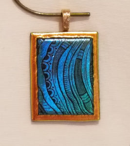 Caribbean Blue w/Etched Tribal Designs on Crinklized Gold Dichroic Fused Glass Pendant