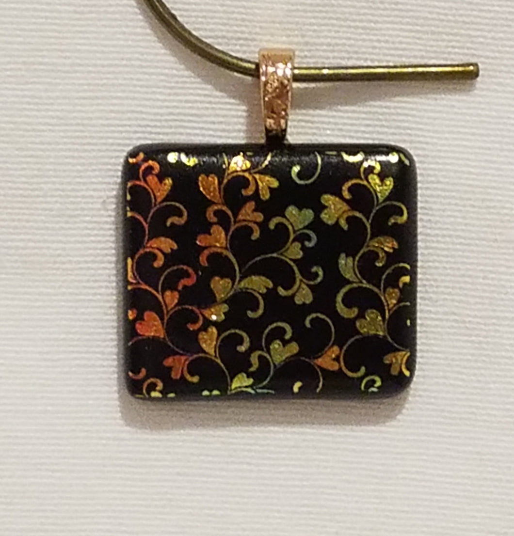 Rectangle Gold & Yellow Vining Hearts Etched Dichroic Fused Glass Pendant