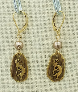 Gold Finish Pewter Kokopelli Petroglyph & Bronze Crystal Pearl Leverback Earrings