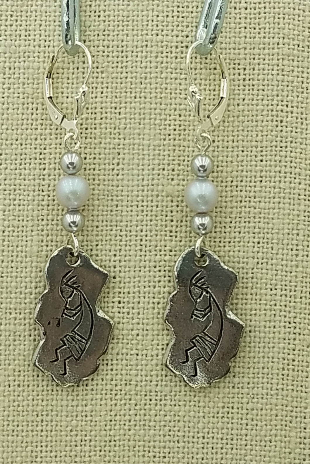 Lead Free Pewter Kokopelli Petroglyph & Grey Crystal Pearl & Sterling Silver Leverback Earrings - 2 7/16