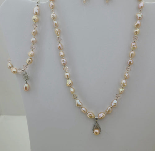 CZ Framed Pink Pearl on Pink Keishi & Crystal Necklace, Earrings, Bracelet