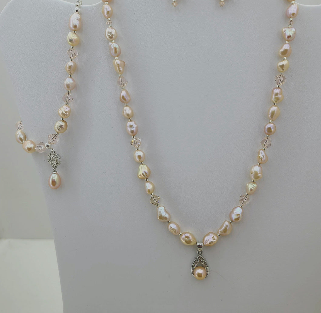 CZ Framed Pink Pearl on Pink Keshi & Crystal Necklace, Earrings, Bracelet
