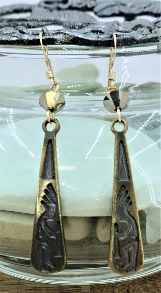 Bronze Pewter Kokopelli Teardrop with Metallic Gold Crystals Fish Hook Earrings