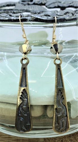 Bronze Pewter Kokopelli Teardrop with Metallic Gold Crystals Fish Hook Earrings