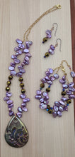 Raku Gold Flourish Pendant & Lilac Keshi Pearls necklace, double strand bracelet, & fish hook earrings
