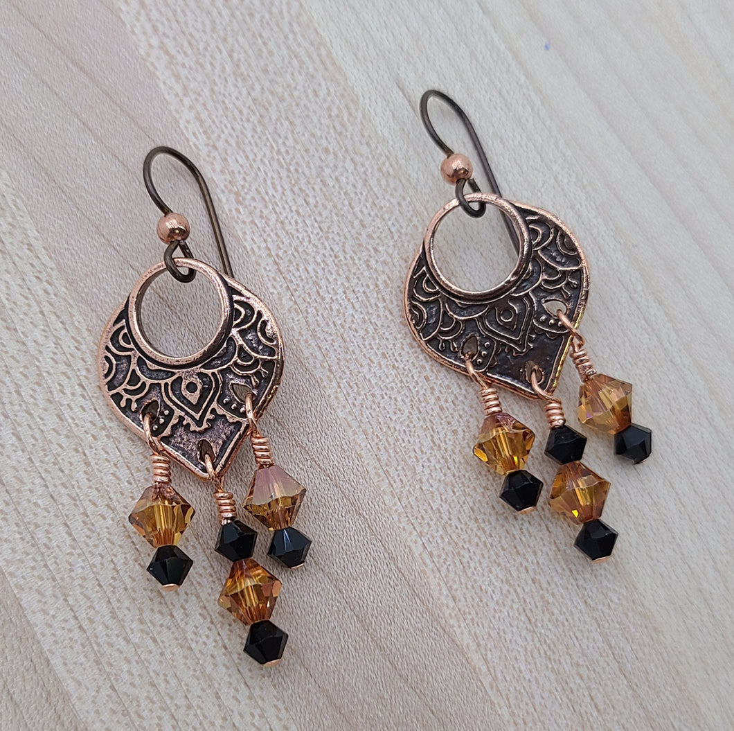 Copper Temple Ring Fish Hook Earrings with Copper Crystals